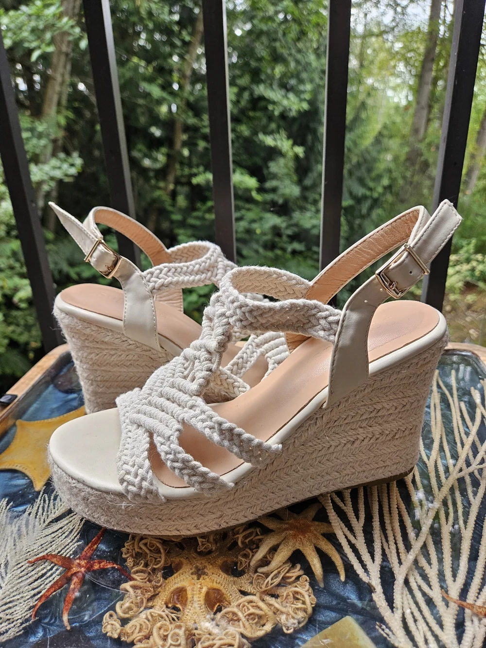 Womens Cream Braided Espadrille Wedge Sandals - Neutral